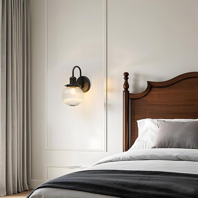 Industrial Vintage Gooseneck 1-Light Wall Sconce with 5.9" Round Ribbed Clear Glass Globe Lampshade Indoor Wall Mounted Lamp Fixture for Bedroom Living Room Bathroom Vanity