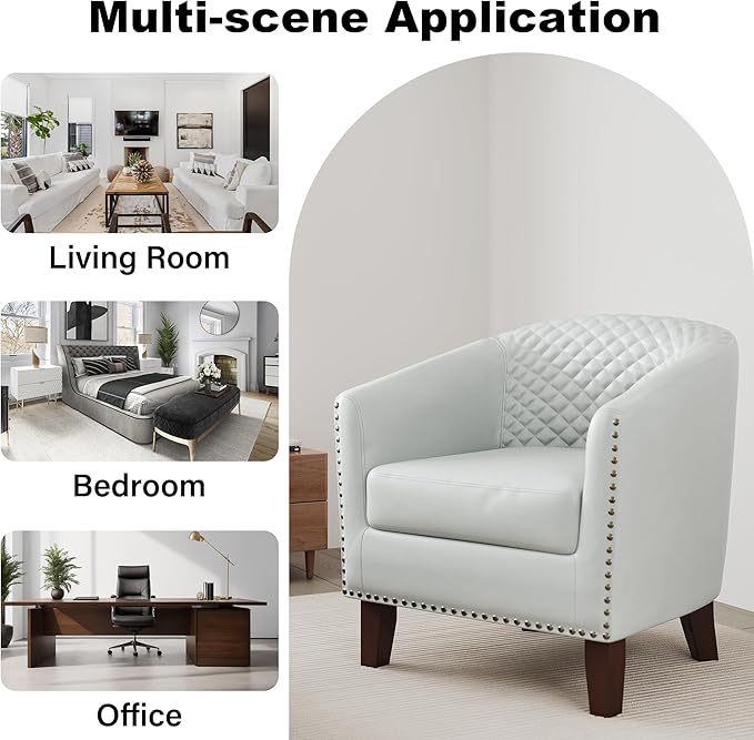 Accent Barrel Chair, Upholstered Faux Leather Club Chair with Nailed Trim, Comfy Reading Armchair for Living Room Bedroom Reception Room Office (White, Set of 1)
