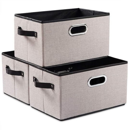 PRANDOM Fodable Storage Bins for Closet [3-Pack] Decorative Fabric Storage Baskets Cubes with Leather/Metal Handles for Shelves Bedroom Living Room Light Grey (11.5x8.5x6.7 Inch)