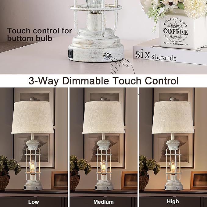 Farmhouse Lamps Set of 2, 28.5" Touch Lamps for Nightstand with USB C+A Ports, LED Bulbs Included