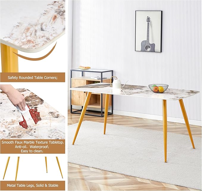 62" Marble Dining Room Table Set for 4 Rectangle Modern Dinner Table with Sintered Stone Top Golden Metal Legs for Kitchen Dining Room (62" Golden+4Black Chairs)