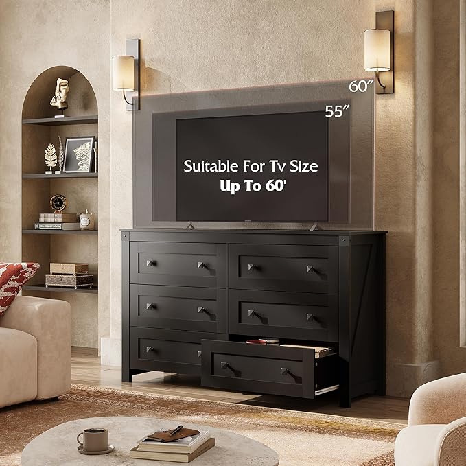 WLIVE Farmhouse Black Dresser for Bedroom, 53.07'' Wide 6 Drawer Wood Dresser, Chest of Drawers with Double Rustic Handle, TV Stand for 60 inch TV, Modern Clothes Organizer for Living Room, Hallway