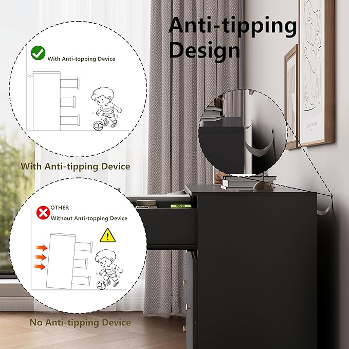 Fluted Dresser for Bedroom, 8 Drawer Dressers & Chest of Drawers, Mid Century Modern Dresser for Closet Boho Bedroom Furniture, Black Wood Chest of Drawers Storage Organizer for Living Room, Black