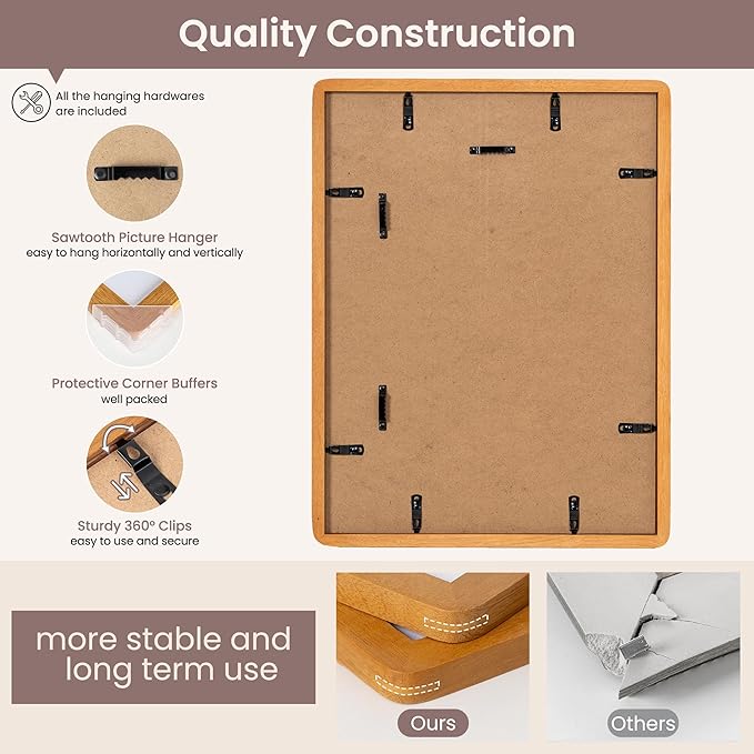 12x16 Picture Frame - Solid Teak Wood 12x16 Poster Frame, 12''x16'' Picture Frame With Mat For 8.5x11, Tempered Glass and Hanging Hardware Included, 16 By 12 Frame Wood, Natural Teak