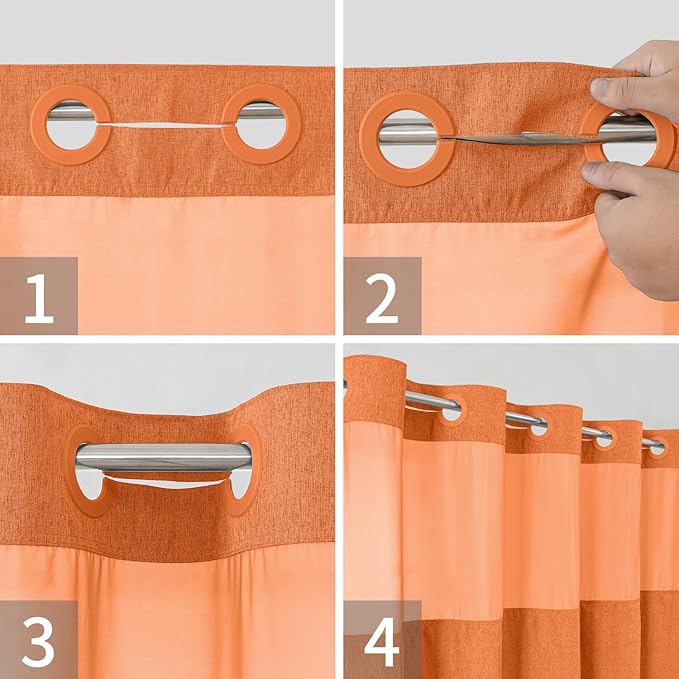 Extra Long No Hooks Needed Linen Textured Shower Curtain with Snap-in Fabric Liner Set,White Hotel Luxury Decor Shower Curtains for Bathroom,Waterproof & Washable,71Wx86H,Burnt Orange