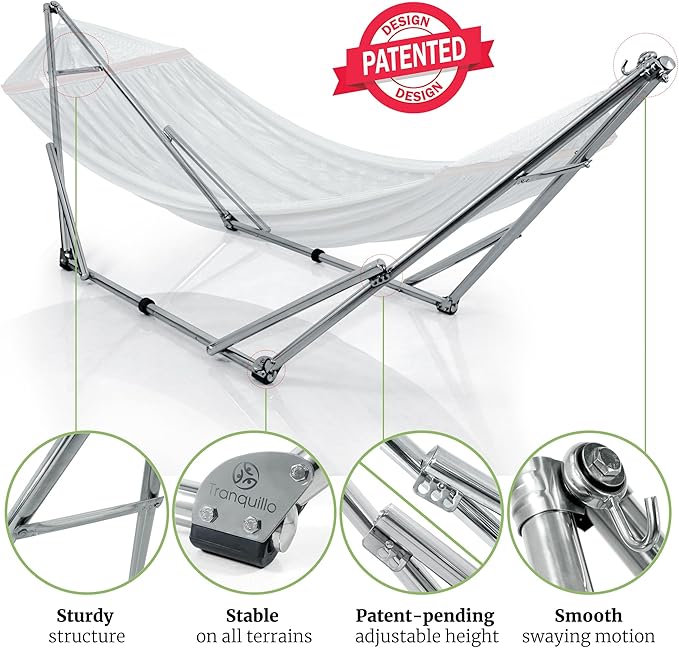 Tranquillo Double Hammock with Stand 650lb Capacity Double Hammock with Spreader Bar, Solid Grade 201 Stainless Steel 30s Set Up, Sturdy Flexible Hammock Stand Portable, Outdoor Indoor, Brown