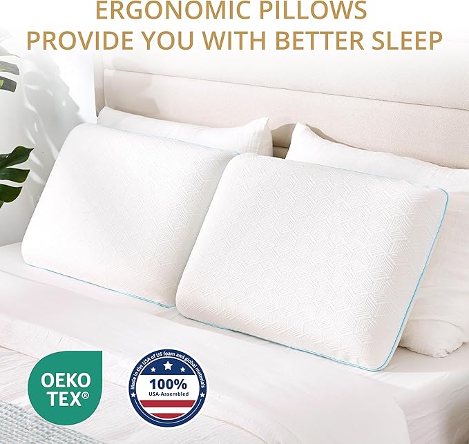 Standard Bed Pillow Size-Memory Foam Made in USA-for Side, Back and Stomach Sleepers, Neck Support with Washable & Removable Cover, Medium Soft, 1 Pack, White 4 Pound