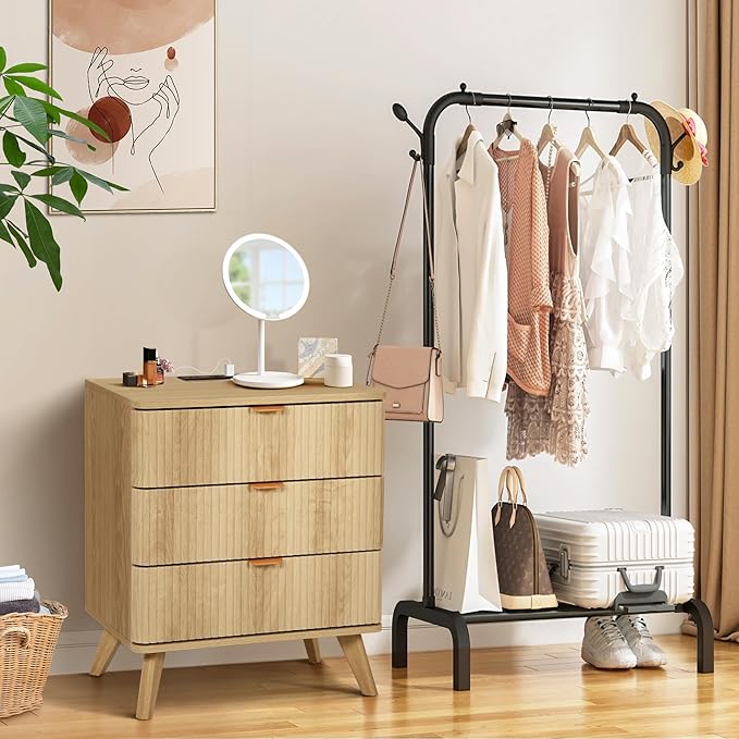 Fluted 3 Drawer Small Dresser for Bedroom, Mid Century Modern Nightstand with Charging Table Top, Low Bedside Table for Closet Cloth, End Table Short Storage, Living Room, Dorm - Natural