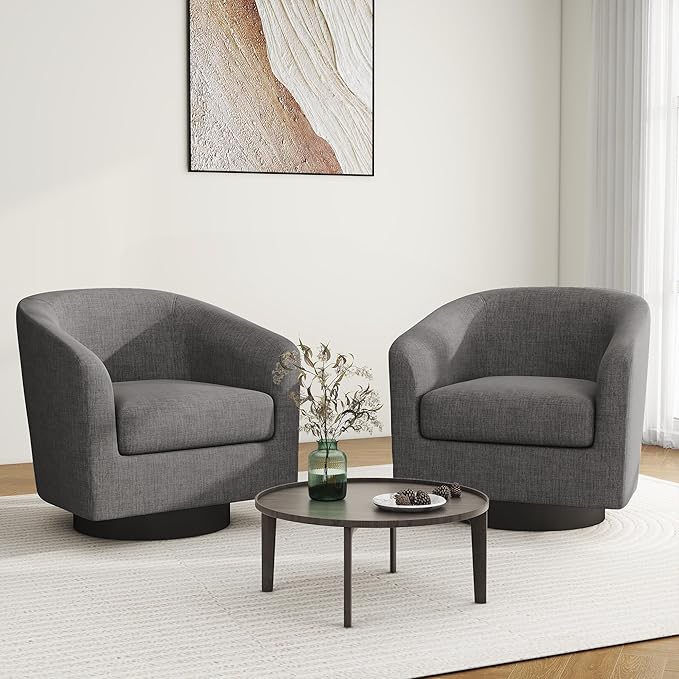 Swivel Barrel Accent Chair, Modern Round Linen Arm Chair for Living Room, Bedroom, Comfy Club Reading Chairs for Adults（Linen Fabric, Grey, Set of 2
