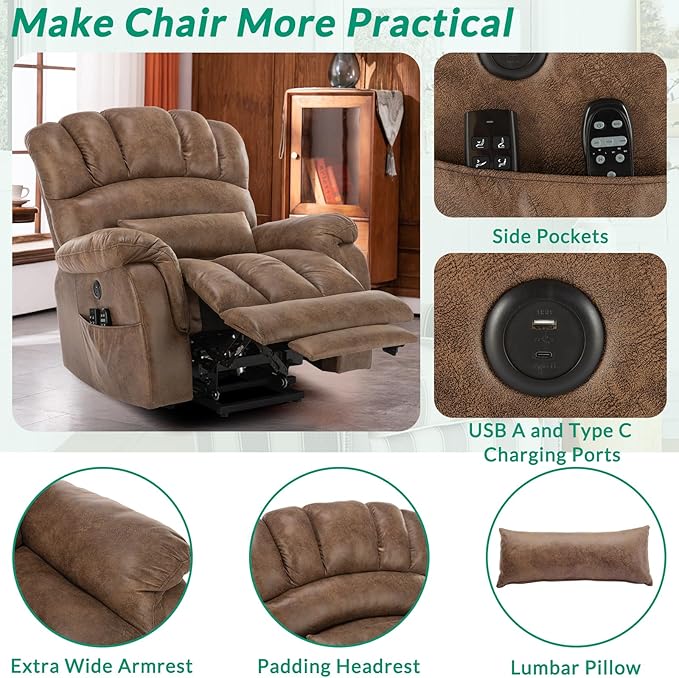 VIVIJASON Tall Man Large Dual Motor Power Lift Recliner Chair with Extended Footrest, Overstuffed Lay Flat Sleeper Electric Recliner W/Heat & Massage, Lumbar Pillow, USB & Type-C Ports, Brown