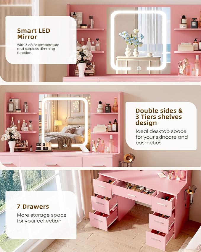 Large Makeup Vanity Desk, 43.3“W x 15.7”D x 53.2“H, Pink (Large Desktop, Samrt LED Mirror, 4 Open Shelves, 7 Drawers, Hairdryer Rack, Power-Outlet)