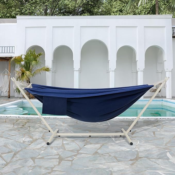 LazyDaze Hammocks Double Hammock with Stand - 2 Person Heavy Duty Outdoor Hammock for Adults, Includes Durable Steel Stand, Portable Carrying Bag and Pillow, Navy Blue