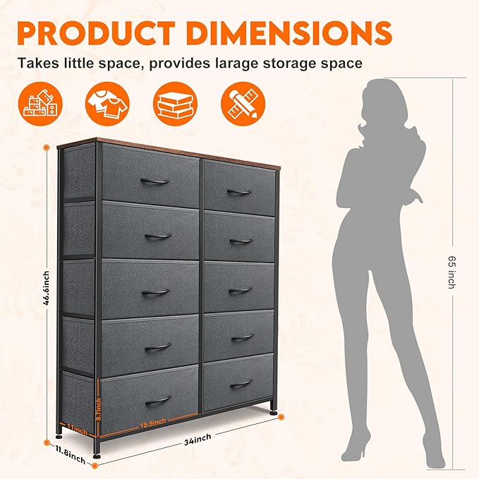 Dresser for Bedroom with 10 Drawers, Chest of Drawers, Storage Drawers Organizer Unit, Grey Wide Fabric Dresser with Fabric Bins for Closet, Living Room, Entryway (Grey and Rustic Brown)