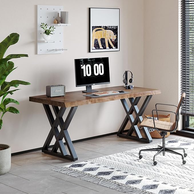 Solid Wood Computer Desk Study Office Desk 55" Writing Desk, Modern Simple Style PC Table, Black Metal Frame, Solid Wood Planks 55" D x 27" W x 29" H for Home Office Bedroom,Rustic Brown