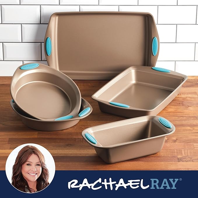 Rachael Ray Cucina Bakeware Set Includes Nonstick Bread Baking Cookie Sheet and Cake Pans, 5 Piece, Latte Brown with Agave Blue Grips