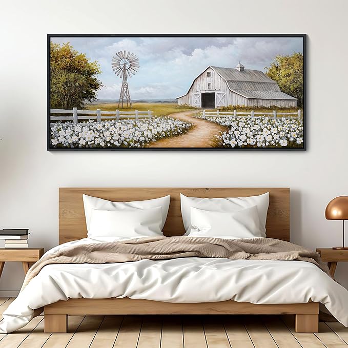 YCPRIMER Vintage Classical Farmhouse Painting Rustic Countryside Wildflower Field Nature Meadow Landscape Retro Windmill Barn Canvas Print Wilderness Artwork for Bedroom Living Room 70x31inch