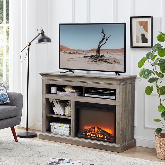 Fireplace TV Stand for TVs Up to 65 Inches, Farmhouse Entertainment Center with 23" Fireplace & LED Lights, Rustic Media Console with Sliding Barn Door and Open Shelves