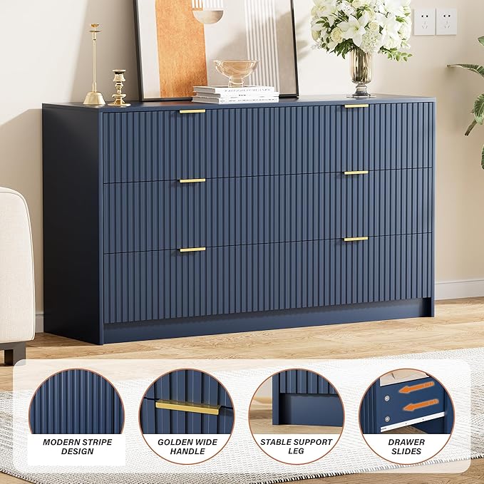Navy Blue Dresser for Bedroom, Modern Dresser with 6 Drawers and Smooth Slides, Wide Chest of Drawers with Golden Handles for Bedroom, Living Room, Closet, 15.7" D x 55.1" W x 31.4" H