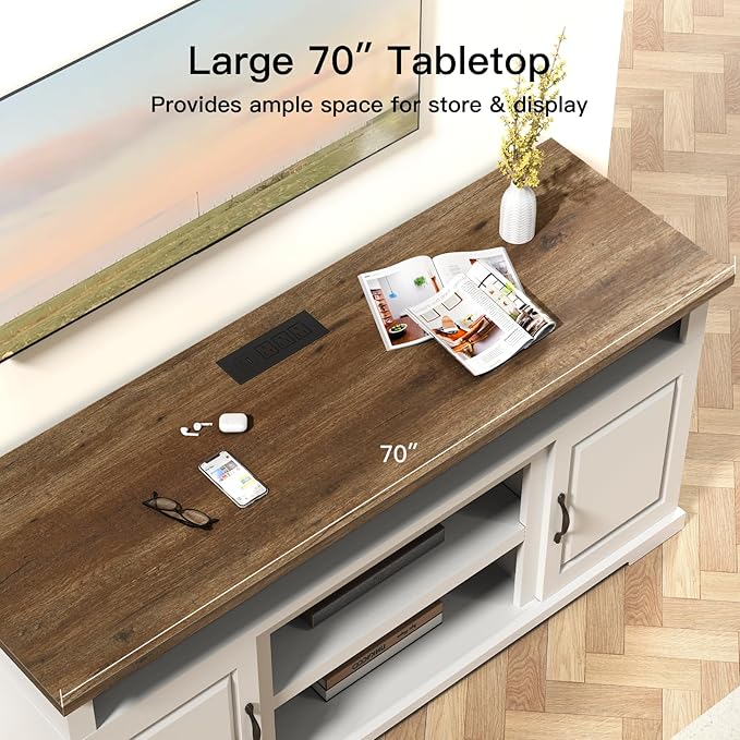 Marsail Modern Farmhouse TV Stand, Entertainment Center with Storage Cabinets, Adjustable Shelves and Power Outlets for Televisions up to 80 Inch, TV Console Table for Living Room, Brown&White