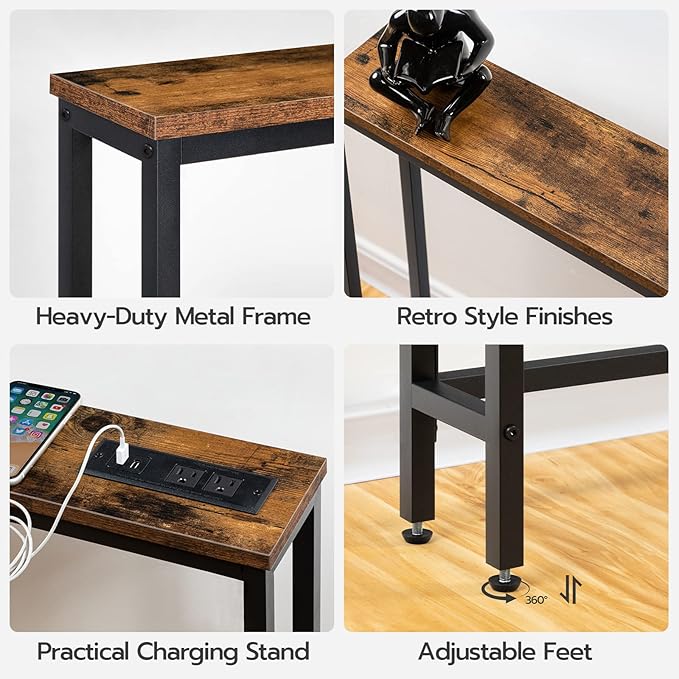 HOOBRO 2 Pack 5.9" Narrow Console Sofa Table with Power Outlets, 47.2" Long Behind Couch Table with Charging Station, Skinny Sofa Table for Living Room, Foyer, Rustic Brown BF15XGP201G1