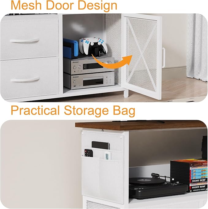 Dresser for Bedroom with LED Lights, TV Stand with Charging Station for 50 inch TV, 6 Drawers Chest with Door and Side Storage, Wide Metal Dresser Table for Living Room, White and Brown