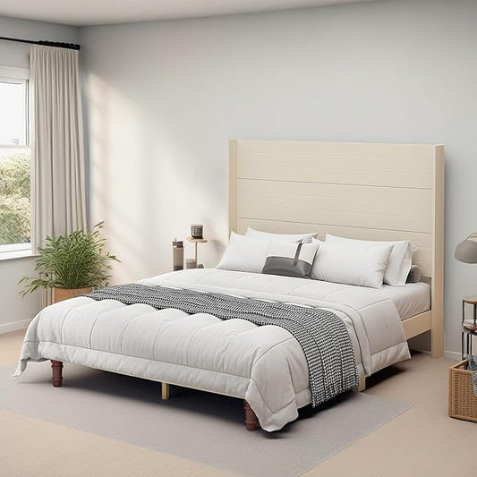 GDFStudio Tall Headboard Queen Size Bed,Platform Bed Frame with High Back,Wooden Slat Mattress Support No Box Spring Needed Easy Assembly Minimalist Designs 54" H Beige