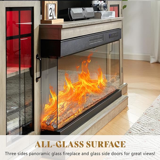 AMERLIFE 75in 3-Sided Glass Fireplace TV Stand with LED Lights for TVs up to 85", Rustic Fireplace Media Entertainment Center Console Cabinet Table with Glass Door Closed Storage, Wash Gray