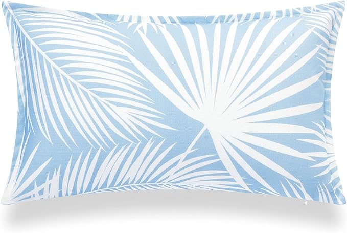 Hofdeco Premium Coastal Hampton Style Patio Indoor Outdoor Lumbar Pillow Cover Only, 12"x20" Water Resistant for Backyard, Couch, Baby Blue Palm Leaf