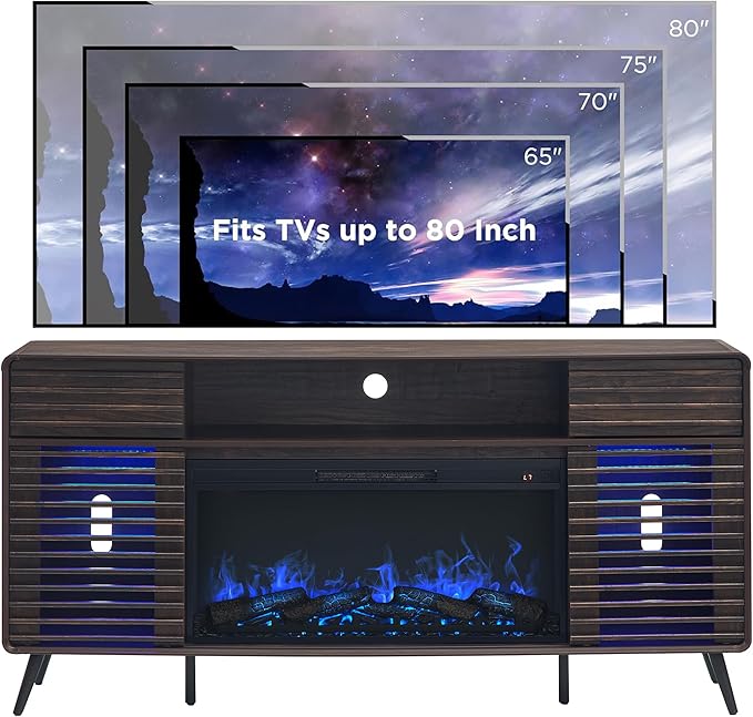 RedLemon Fireplace TV Stand for 80 Inch TV, Mid Century Modern Entertainment Center with 36" Electric Fireplace & Led Lights, Wood Media Console w/Slatted Sliding Doors for Living Room, Dark Walnut