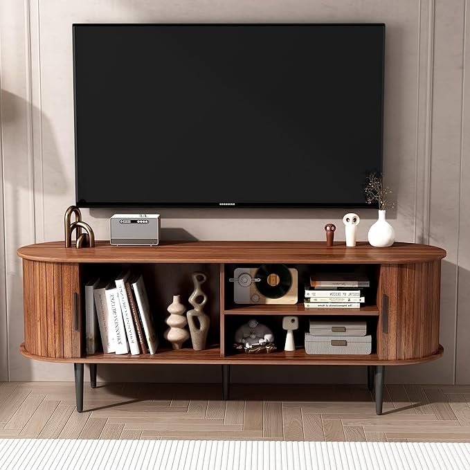 55" Mid-Century Modern TV Stand with Sliding Door & Storage | Walnut Media Console for Living Room | Gaming Entertainment Center Cabinet for Bedroom/Office (55")