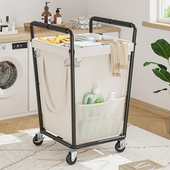 Laundry Basket with Wheels & Handles, 180L Laundry Cart with Removable Bag & Metal Frame for Clothes Storage, Laundry Room Organization Rolling Hamper with Wheels For Laundry, Dorm (Beige)
