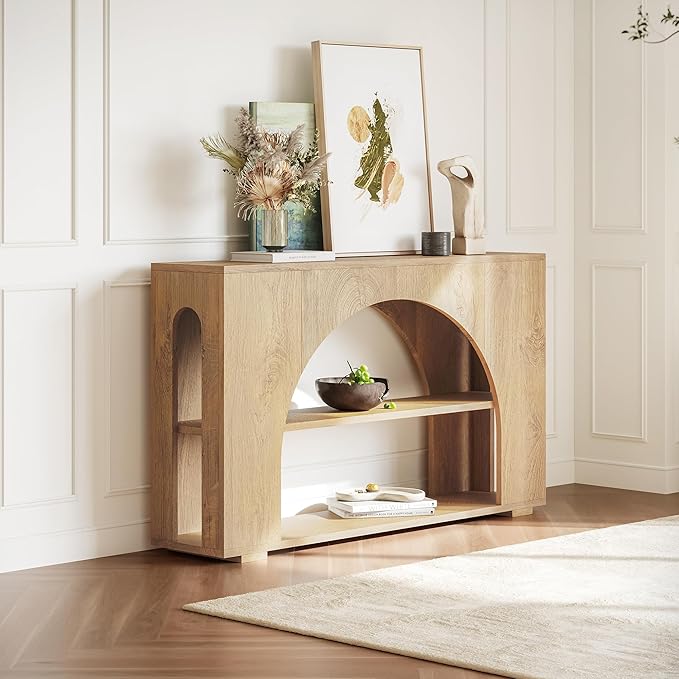 Sofa Console Table with Storage, 55" Farmhouse 3-Tier Hallway Wood Table for Living Room, Hallway, Foyer, Natural Wood