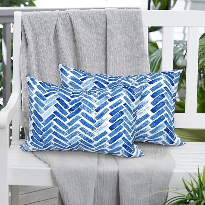 Pack of 2 Outdoor Lumbar Pillow Covers, All Weather Cushion Pillow Cases 12x20 Inch, Pillowcase for Patio Couch Decoration, Blue Bricks