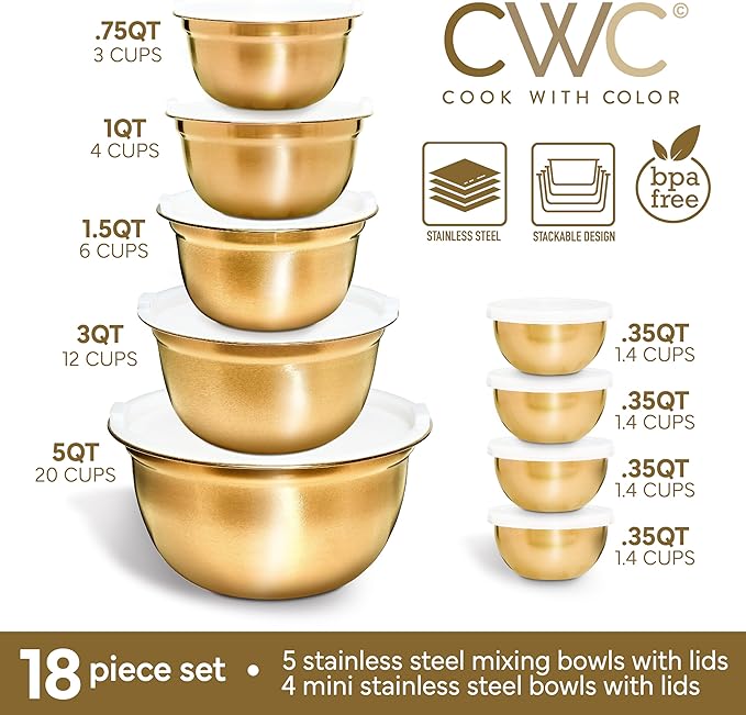 COOK WITH COLOR 18 Piece Mixing Bowls Set with Airtight Lids, Stainless Steel Bowl Organizers, Food Storage Containers, Meal Prep, Nesting Salad Bowls For Cooking, Baking, Kitchen Use, Gold
