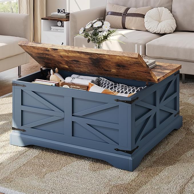 MXV Farmhouse Coffee Table with Storage, Square Coffee Tables for Living Room, Rustic Wood Center Table with Hinged Lifting Tabletop for Home, Blue
