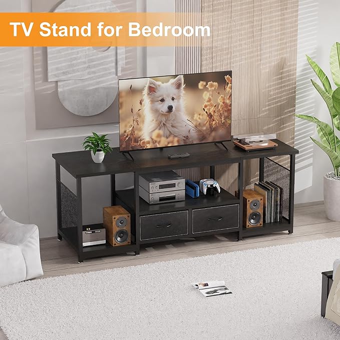TV Stand with Drawers and Open Storage Shelves for 75 70 65 Inch TV, Entertainment Center with Open Storage Shelves, Industrial Media TV Console Table for Living Room Bedroom Office, Black