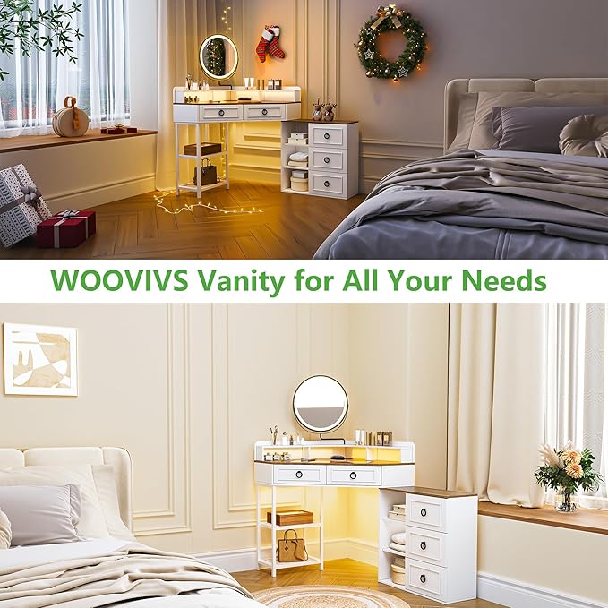 Corner Vanity Desk with Lighted Rotating Mirror and Lights, Glass Top Makeup Vanity with Corner Shelf&5 Drawers, Girls Vanitys with Charging Station,Jewelry Organizers for Bedroom,White