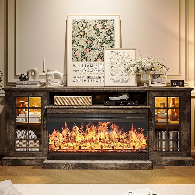 MXV 70'' Fireplace TV Stand, Farmhouse Entertainment Center with 3 Sided Glass TV Stand, Modern Media Console Table with Storage Drawers & Cabinets with LED Flame and Lights for Living Room, Gray