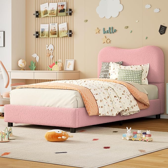 GarveeHome Twin Bed Frame for Kids with Velvet Upholstered Headboard, Cute Low Profile Platform Bed for Girls and Boys, No Box Spring Needed, Strong Wooden Slats, Noise Free, Easy Assembly, Pink