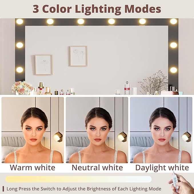 IRONCK 46'' Makeup Vanity Set with LED Mirror & Power Outlet - 11 Drawers, Glass Top, Hair Dryer Rack, Dressing Table with Storage Bench for Bedroom, 3 Lighting Color Adjustable, Black