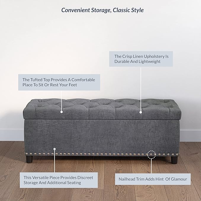 BELLEZE 47" Storage Ottoman, Storage Bench with Safety Close Hinge, Linen Button-Tufted Ottoman for Living Room, Entryway, Hallway, Foot Rest, Support 300lbs - Gray