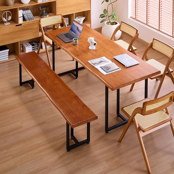 Durable Solid Wood Top Bench with Metal Triangular Legs – Stylish Long Dining Bench for Home, Office, Restaurant & Patio (Wooden Brown Bench, 78.74in)