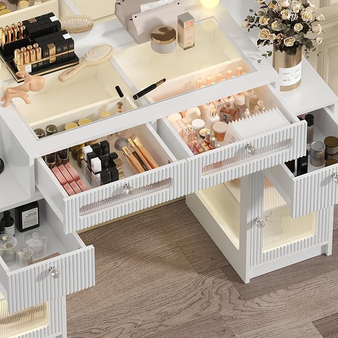 Vanity Desk with Mirror and Lights 3 Colors, 47" Glass Top Fluted Makeup Vanity Desk with Lights & Power Outlet for Bedroom, Dressing Table with 4 Lighted Drawers and 2 storage cabinets, White