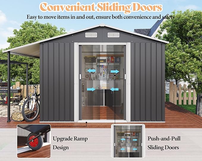AMERLIFE 10.6x6.8x6.3 FT Galvanized Metal Storage Shed with Open Firewood Bay, Sliding Doors & Ramp, 2 Windows & Vents, Weather-Resistant Outdoor Tool/Garden Shed, Dark Gray