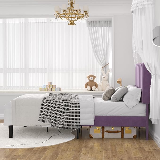 VECELO Twin Size Bed Frame with Upholstered Headboard, Velvet Platform Bedframe Mattress Foundation, Strong Wood Slat Support, No Box Spring Needed,Purple