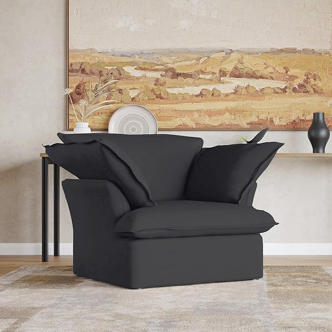 JACH Modern Comfy Couch Chair with Thick Cushion, Couch Single Accent Chair Deep Seat Sofa Couches, Hemp Velvet Sofas Furniture for Small Spaces Living Room Bedroom Office Apartment (Black)