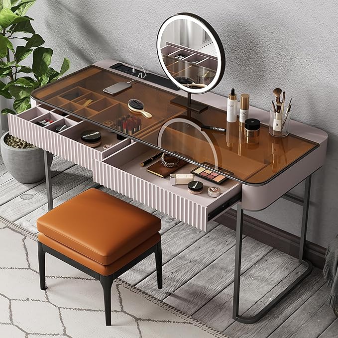 Lartis Makeup Vanity,Dresser Stool Set,Dresser,Computer Desk,partitioned Storage,Smart Socket,LED Makeup Mirror (Beige White, 47 in)