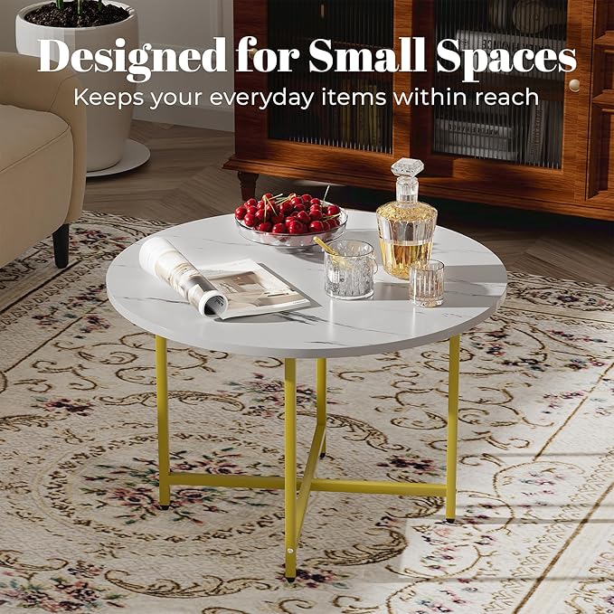 Round Coffee Table, Small Coffee Tables for Living Room, Wood Coffee Table with Metal Frame, Floor Table Desk for Sitting on The Floor, Home, Office, Farmhouse, White & Gold (23.6"D x 17.7"H)