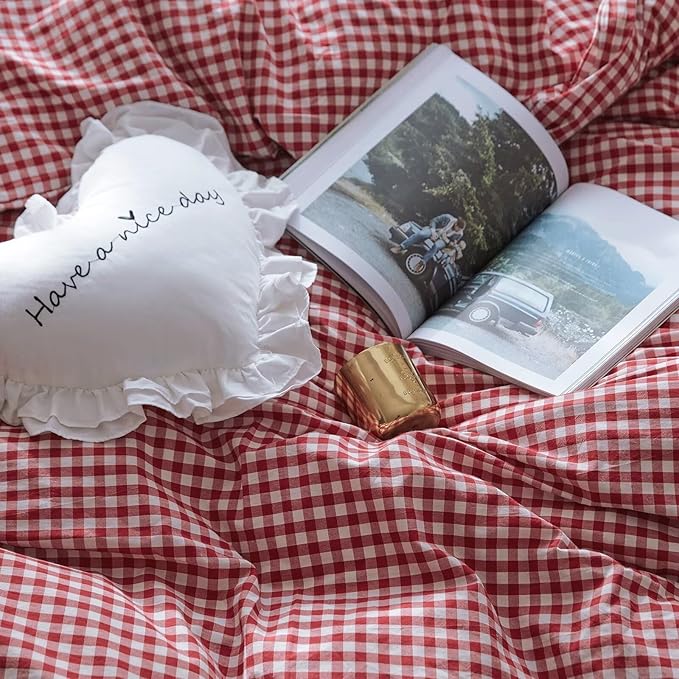 mixinni Red Gingham Comforter Set Full, Plaid Comforter Set 3 Pieces 1 Red Grid Comfoter with 2 Pillow Cases for All Seasons, Soft Fluffy Modern Grid Pattern Printed Bedding-Full Size