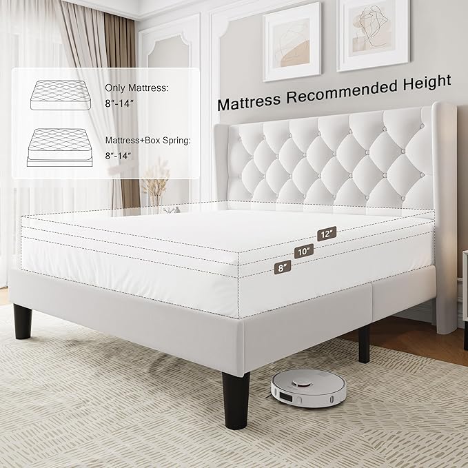 Full Size Upholstered Bed Frame with Wingback Headboard, Fabric Linen Platform Bed, 8" Under Bed Storage, Wooden and Metal Slats Support, No Box Spring Needed, Noise Free, White